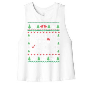 Funny Xmas List Nice Naughty Innocent Until Proven Guilty Gift Women's Racerback Cropped Tank