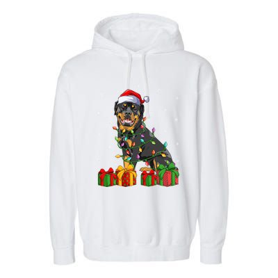 Funny Xmas Lighting Matching Santa Hat Rottweiler Christmas Meaningful Gift Garment-Dyed Fleece Hoodie