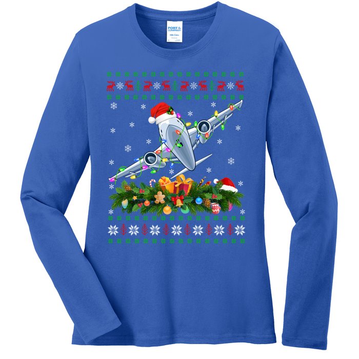 Funny Xmas Lighting Tree Santa Ugly Airplane Christmas Gift Ladies Long Sleeve Shirt