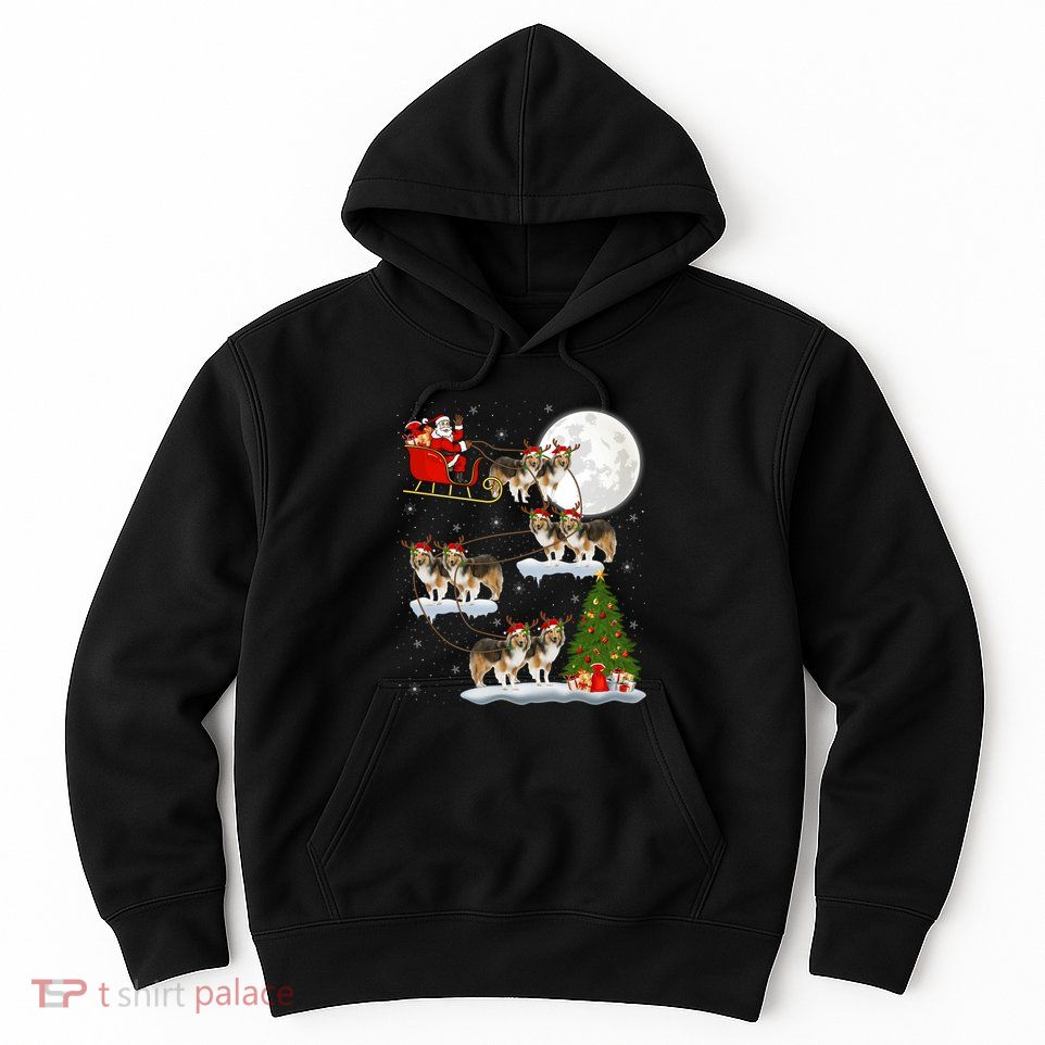 Funny Xmas Lighting Tree Santa Riding Sheltie Christmas Hoodie
