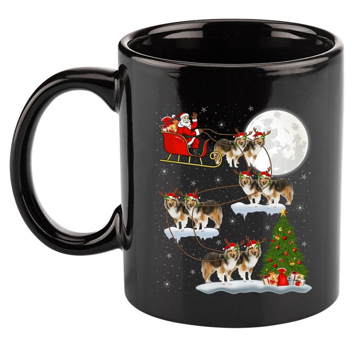 Funny Xmas Lighting Tree Santa Riding Sheltie Christmas 11oz C Handle Ceramic Mug