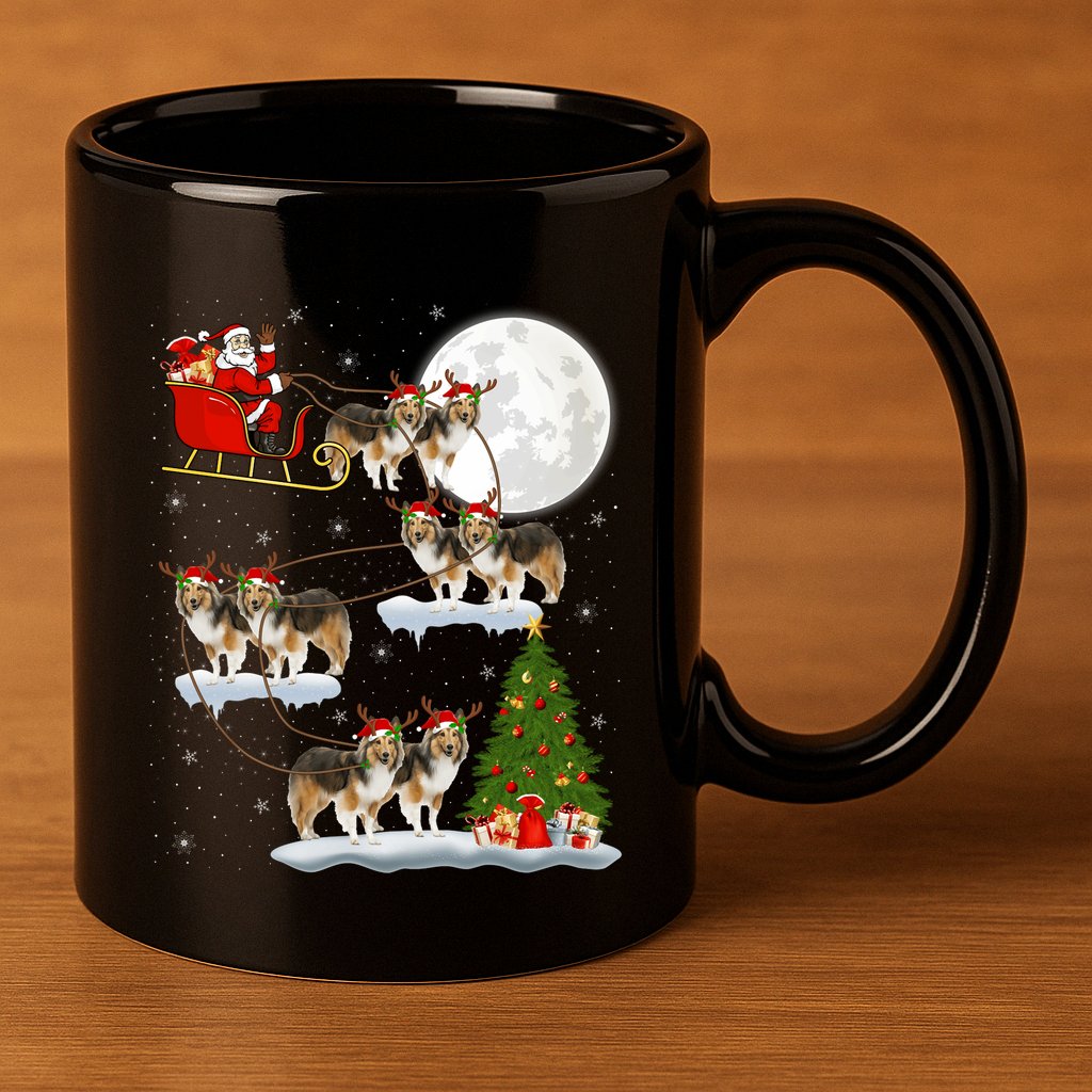 Funny Xmas Lighting Tree Santa Riding Sheltie Christmas 11oz C Handle Ceramic Mug