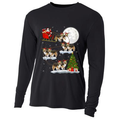 Funny Xmas Lighting Tree Santa Riding Sheltie Christmas Cooling Performance Long Sleeve Crew