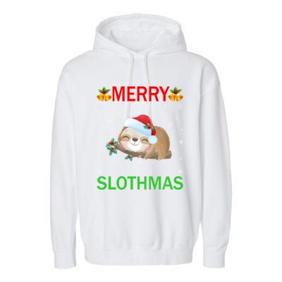 Funny Xmas Lighting Merry Slothmas Santa Hat Sloth Christmas Gift Garment-Dyed Fleece Hoodie