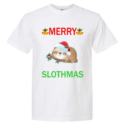 Funny Xmas Lighting Merry Slothmas Santa Hat Sloth Christmas Gift Garment-Dyed Heavyweight T-Shirt