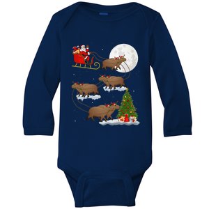 Funny Xmas Lighting Tree Santa Riding Capybara Christmas Baby Long Sleeve Bodysuit