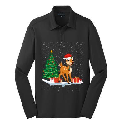 Funny Xmas Lighting Tree Santa Hat Cute Deer Christmas Funny Gift Silk Touch Performance Long Sleeve Polo