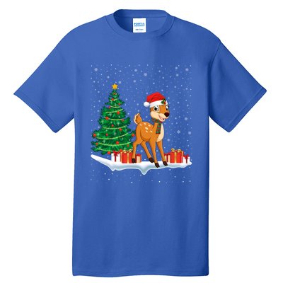 Funny Xmas Lighting Tree Santa Hat Cute Deer Christmas Funny Gift Tall T-Shirt