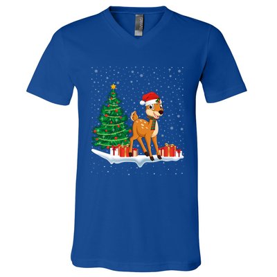 Funny Xmas Lighting Tree Santa Hat Cute Deer Christmas Funny Gift V-Neck T-Shirt