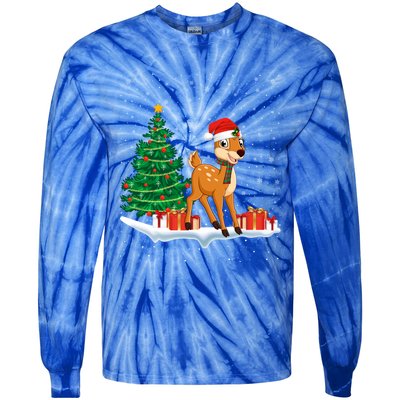 Funny Xmas Lighting Tree Santa Hat Cute Deer Christmas Funny Gift Tie-Dye Long Sleeve Shirt