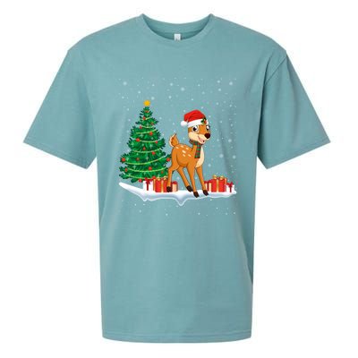 Funny Xmas Lighting Tree Santa Hat Cute Deer Christmas Funny Gift Sueded Cloud Jersey T-Shirt