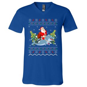 Funny Xmas Lighting Ugly Santa Riding Dolphin Christmas Cool Gift V-Neck T-Shirt