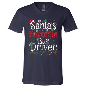 Funny Xmas Lighting Santas Favorite Bus Driver Christmas V-Neck T-Shirt