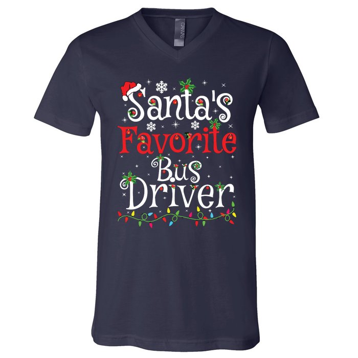 Funny Xmas Lighting Santas Favorite Bus Driver Christmas V-Neck T-Shirt