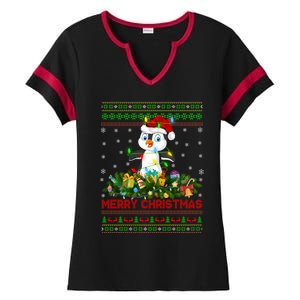 Funny Xmas Lighting Tree Santa Ugly Penguin Christmas Gift Ladies Halftime Notch Neck Tee