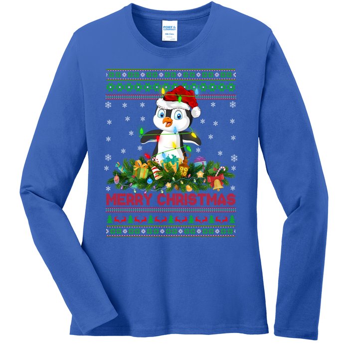 Funny Xmas Lighting Tree Santa Ugly Penguin Christmas Gift Ladies Long Sleeve Shirt