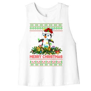 Funny Xmas Lighting Tree Santa Ugly Penguin Christmas Gift Women's Racerback Cropped Tank