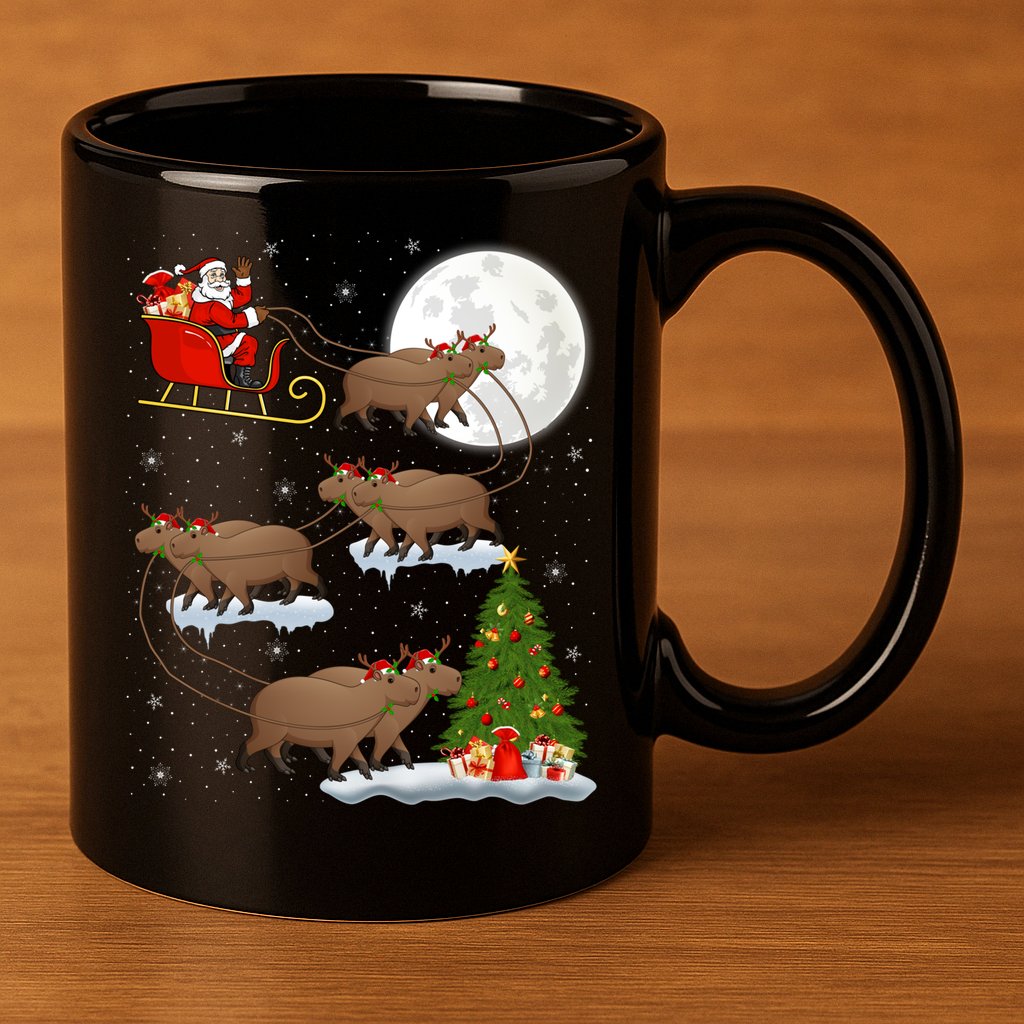 Funny Xmas Lighting Tree Santa Riding Capybara Christmas Gift 11oz C Handle Ceramic Mug