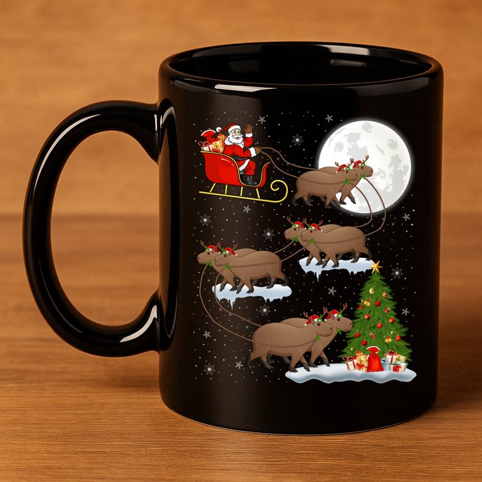Funny Xmas Lighting Tree Santa Riding Capybara Christmas Gift 11oz C Handle Ceramic Mug