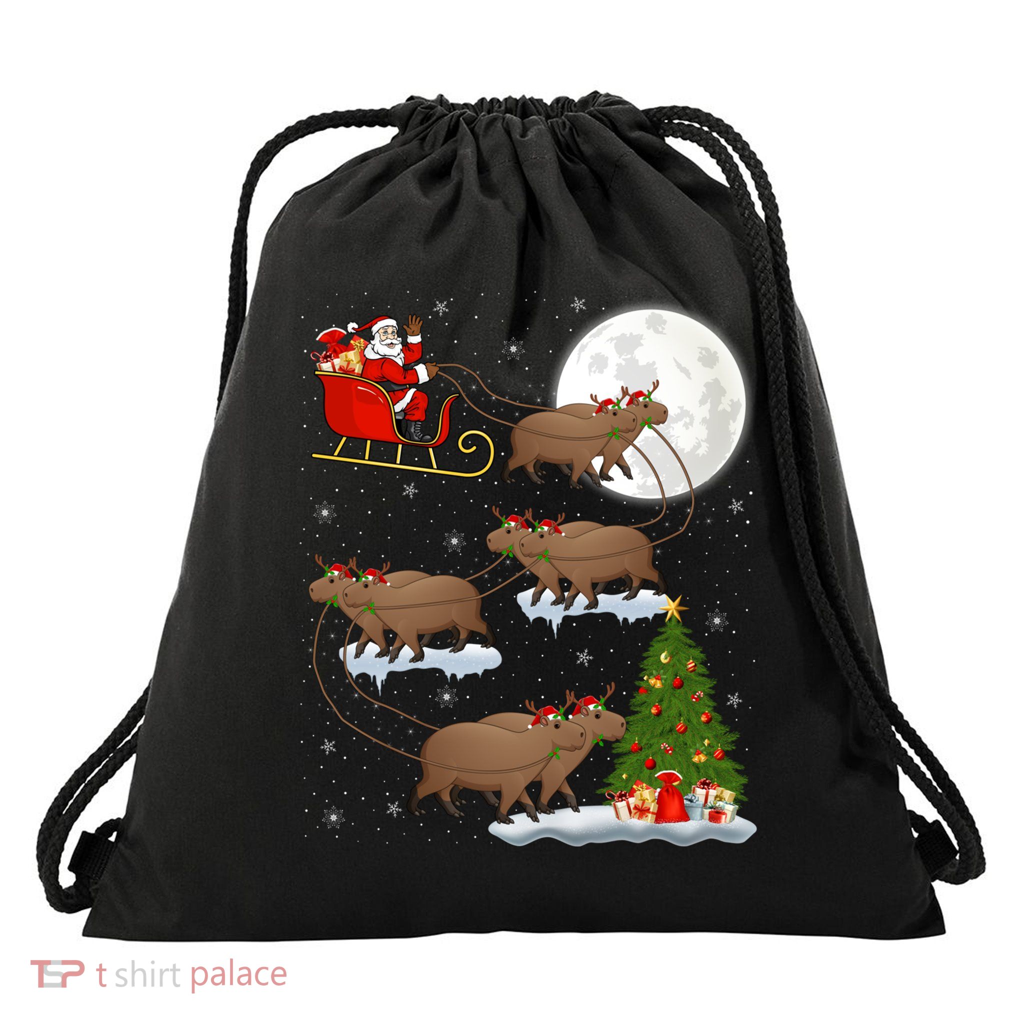Funny Xmas Lighting Tree Santa Riding Capybara Christmas Gift Drawstring Bag