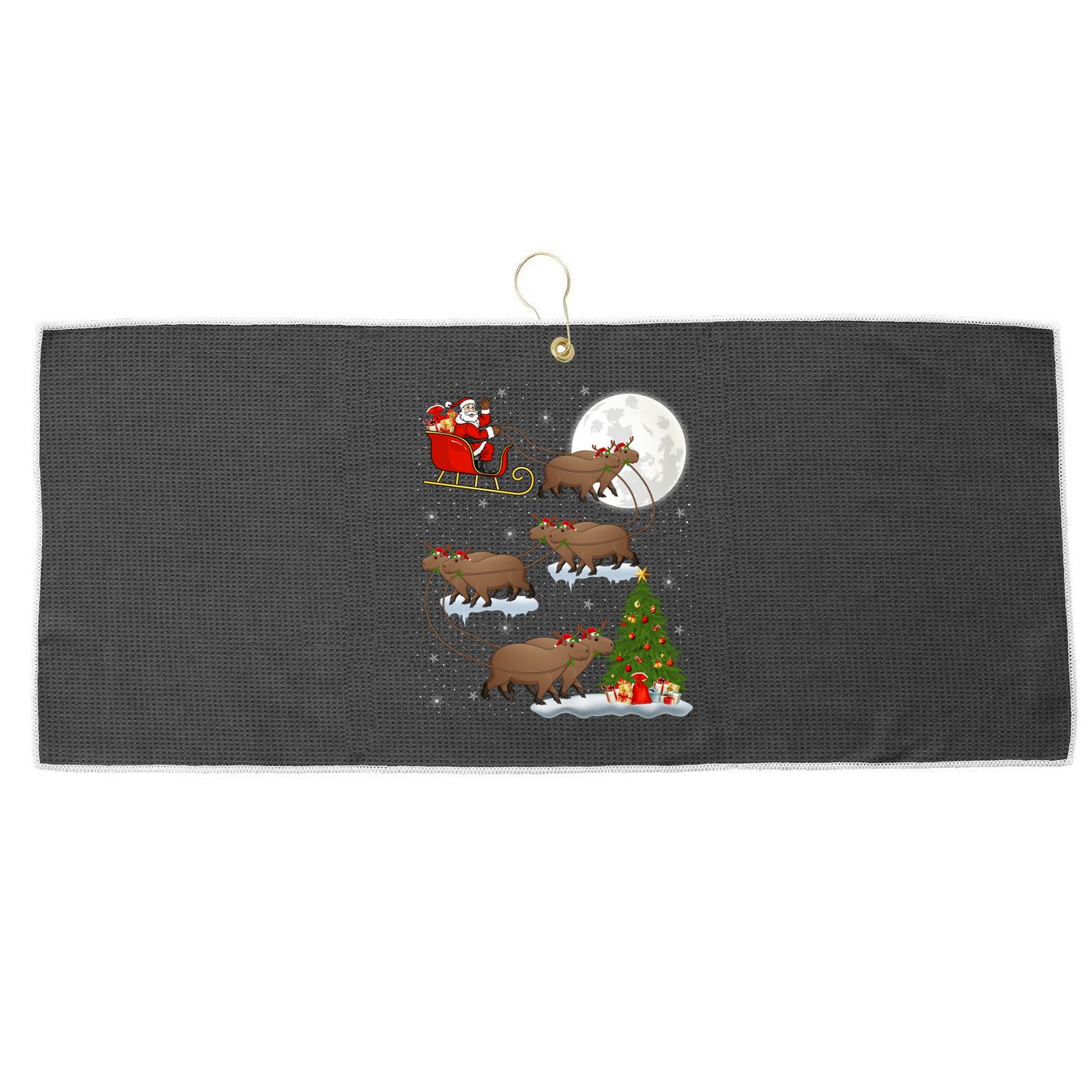 Funny Xmas Lighting Tree Santa Riding Capybara Christmas Gift Large Microfiber Waffle Golf Towel