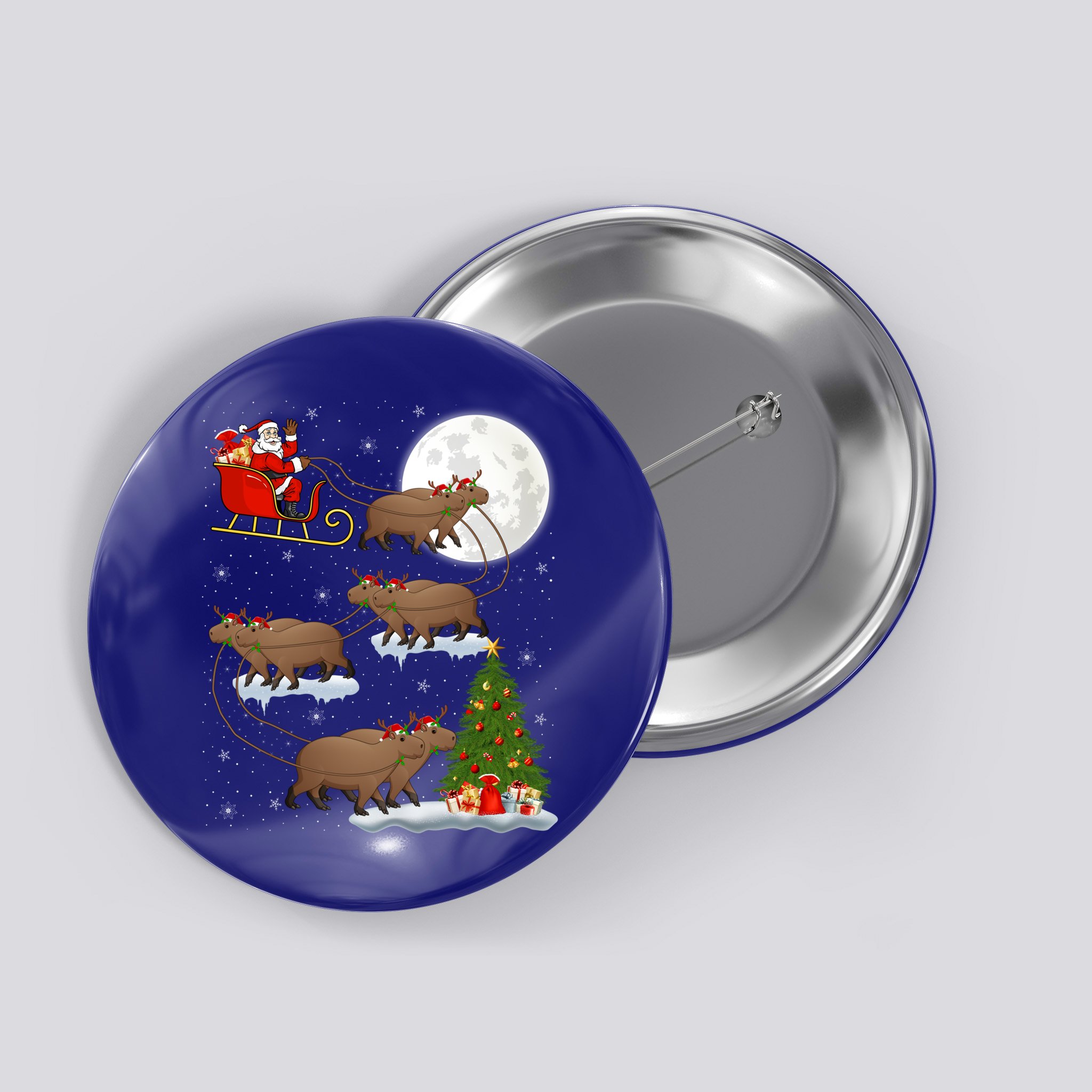 Funny Xmas Lighting Tree Santa Riding Capybara Christmas Gift Button