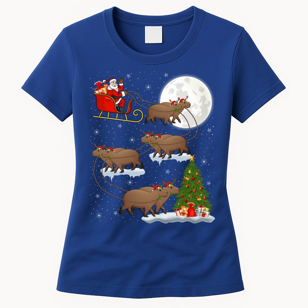 Funny Xmas Lighting Tree Santa Riding Capybara Christmas Gift Womens T-Shirt