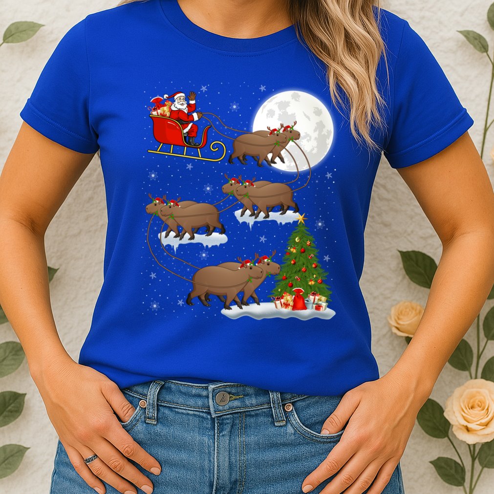 Funny Xmas Lighting Tree Santa Riding Capybara Christmas Gift Womens T-Shirt