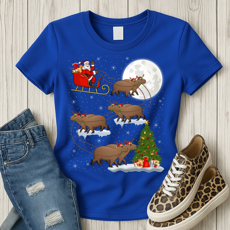 Funny Xmas Lighting Tree Santa Riding Capybara Christmas Gift Womens T-Shirt