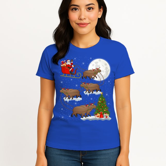 Funny Xmas Lighting Tree Santa Riding Capybara Christmas Gift Womens T-Shirt
