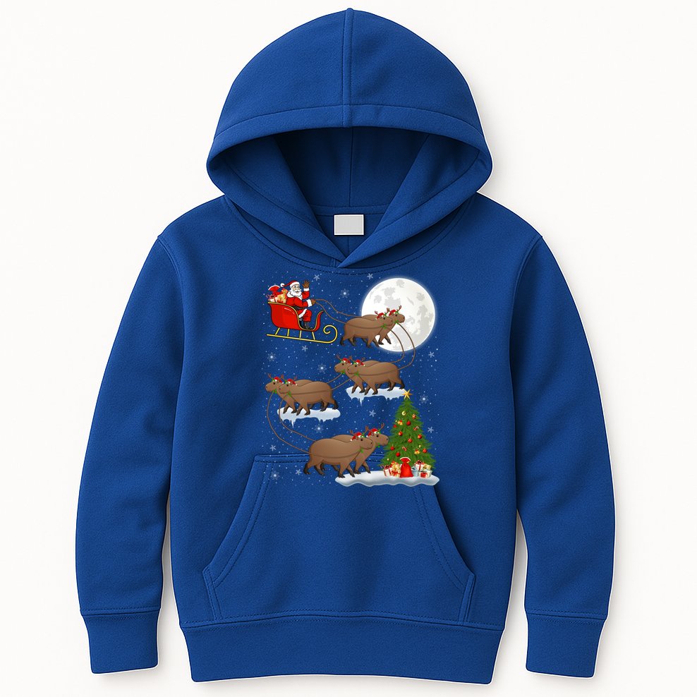 Funny Xmas Lighting Tree Santa Riding Capybara Christmas Gift Kids Hoodie