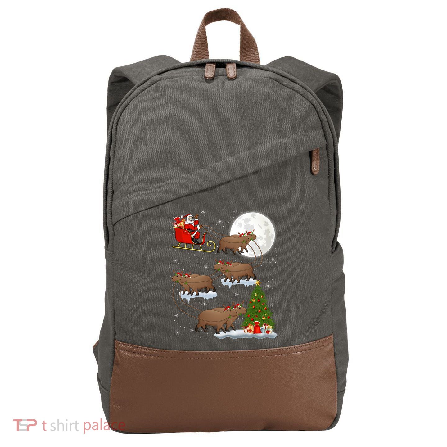 Funny Xmas Lighting Tree Santa Riding Capybara Christmas Gift Cotton Canvas Backpack