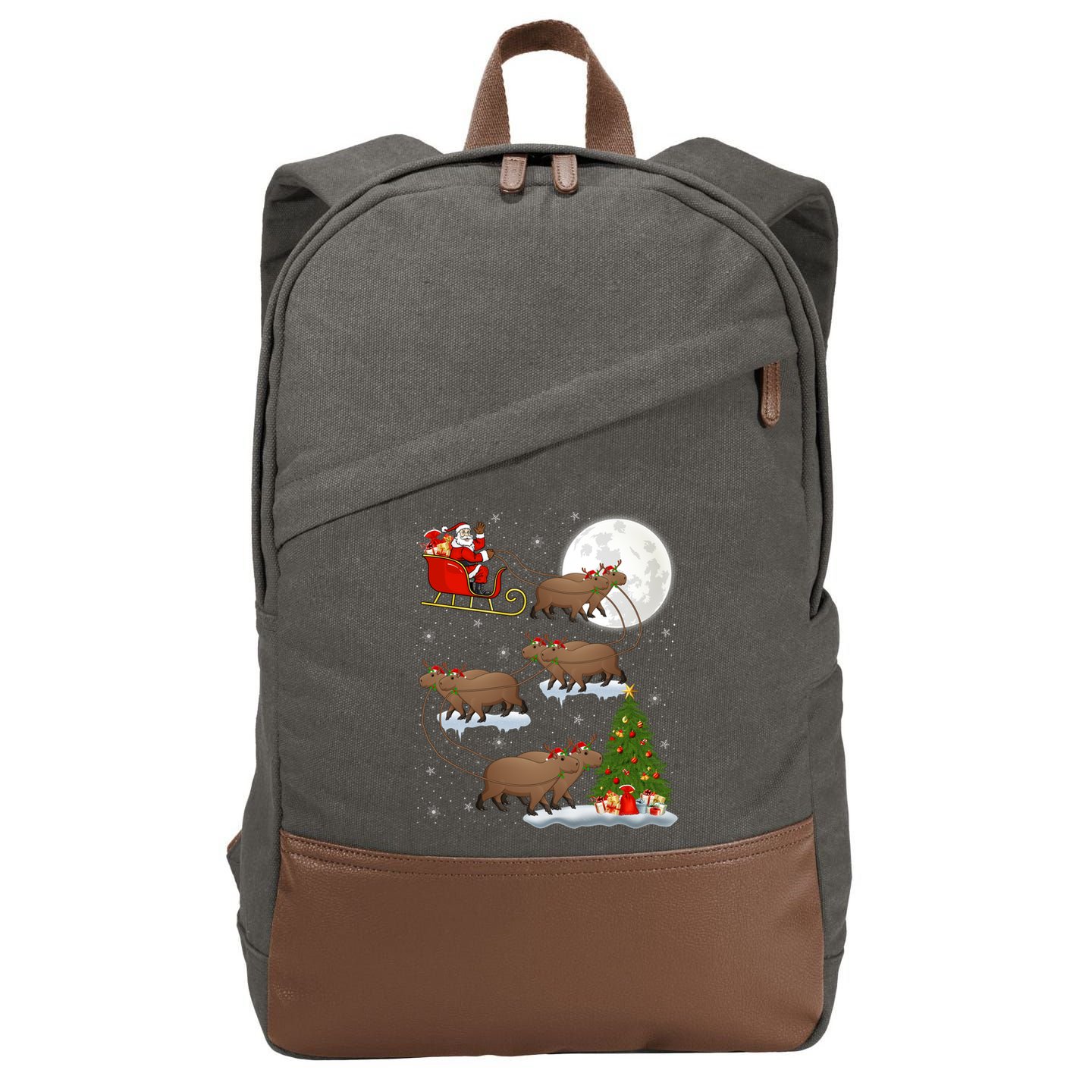 Funny Xmas Lighting Tree Santa Riding Capybara Christmas Gift Cotton Canvas Backpack