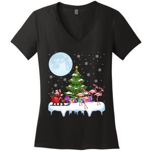 Flamingo Xmas Lights Santa Riding Flamingo Christmas Tree Long Sleeve Women's V-Neck T-Shirt