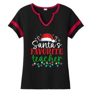 Funny Xmas Lighting SantaS Favorite Teacher Christmas Gift Ladies Halftime Notch Neck Tee