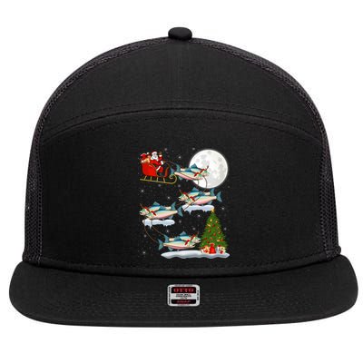 Funny Xmas Lighting Tree Santa Riding Salmon Fish Christmas 7 Panel Mesh Trucker Snapback Hat