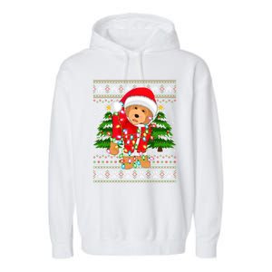 Funny Xmas Lighting Ugly Santa Goldendoodle Christmas Great Gift Garment-Dyed Fleece Hoodie