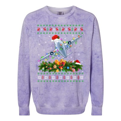 Funny Xmas Lighting Tree Santa Ugly Airplane Christmas Cute Gift Colorblast Crewneck Sweatshirt