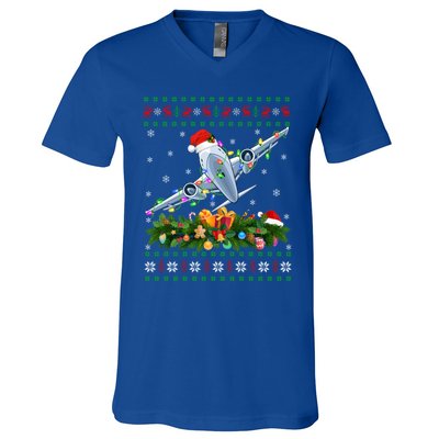 Funny Xmas Lighting Tree Santa Ugly Airplane Christmas Cute Gift V-Neck T-Shirt