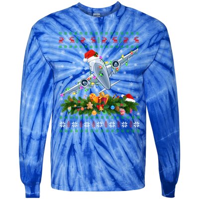 Funny Xmas Lighting Tree Santa Ugly Airplane Christmas Cute Gift Tie-Dye Long Sleeve Shirt