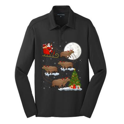 Funny Xmas Lighting Tree Santa Riding Capybara Christmas Gift Silk Touch Performance Long Sleeve Polo