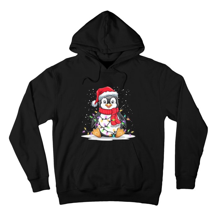 Funny Xmas Matching Santa Hat Penguin Christmas Tree Lights Hoodie