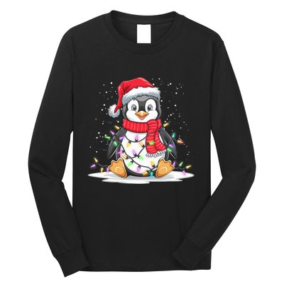 Funny Xmas Matching Santa Hat Penguin Christmas Tree Lights Long Sleeve Shirt