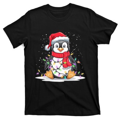 Funny Xmas Matching Santa Hat Penguin Christmas Tree Lights T-Shirt