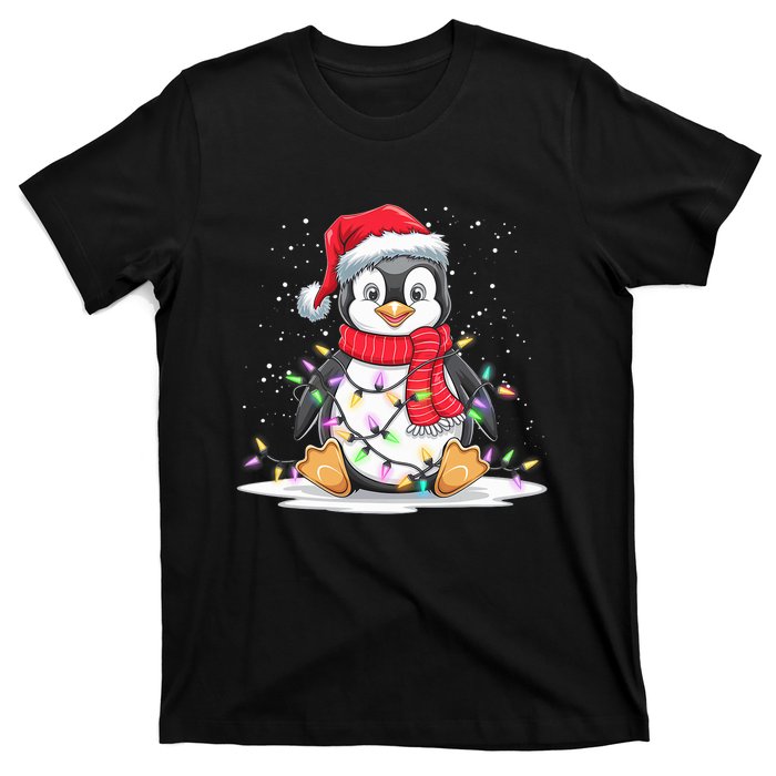 Funny Xmas Matching Santa Hat Penguin Christmas Tree Lights T-Shirt