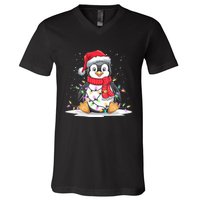 Funny Xmas Matching Santa Hat Penguin Christmas Tree Lights V-Neck T-Shirt