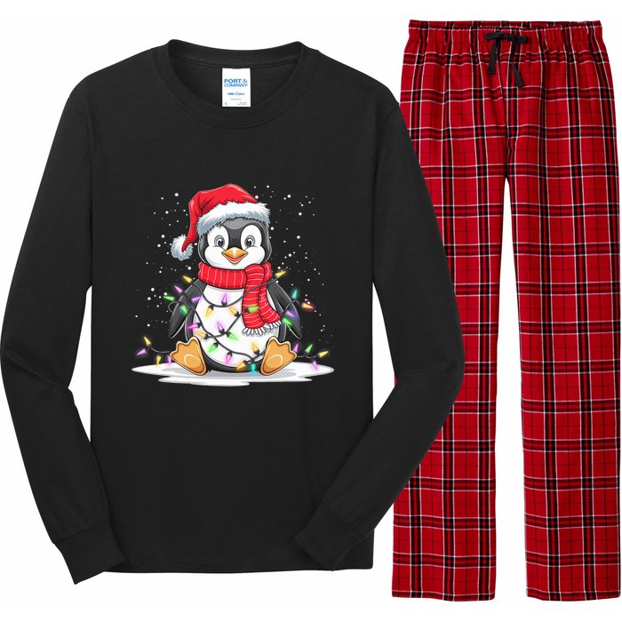 Funny Xmas Matching Santa Hat Penguin Christmas Tree Lights Long Sleeve Pajama Set