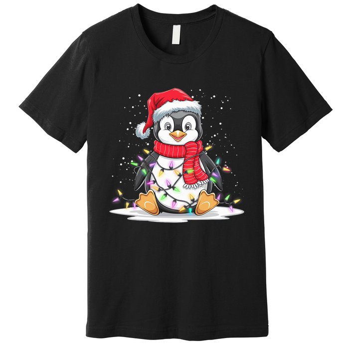 Funny Xmas Matching Santa Hat Penguin Christmas Tree Lights Premium T-Shirt