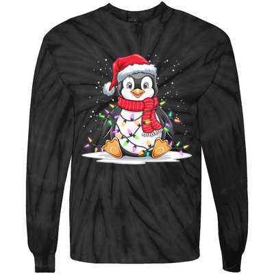 Funny Xmas Matching Santa Hat Penguin Christmas Tree Lights Tie-Dye Long Sleeve Shirt