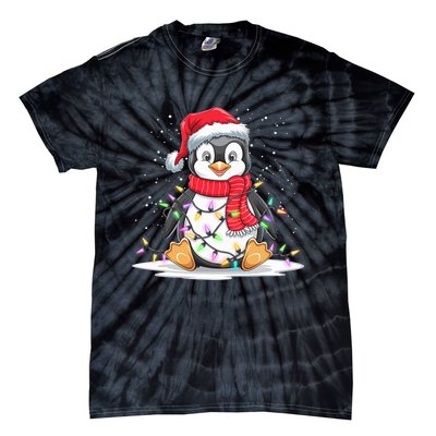 Funny Xmas Matching Santa Hat Penguin Christmas Tree Lights Tie-Dye T-Shirt